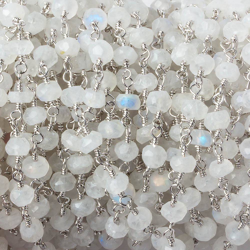 4mm Rainbow Moonstone Faceted Rondelles on Silver Plated Chain by the foot 38 pcs - Beadsofcambay.com