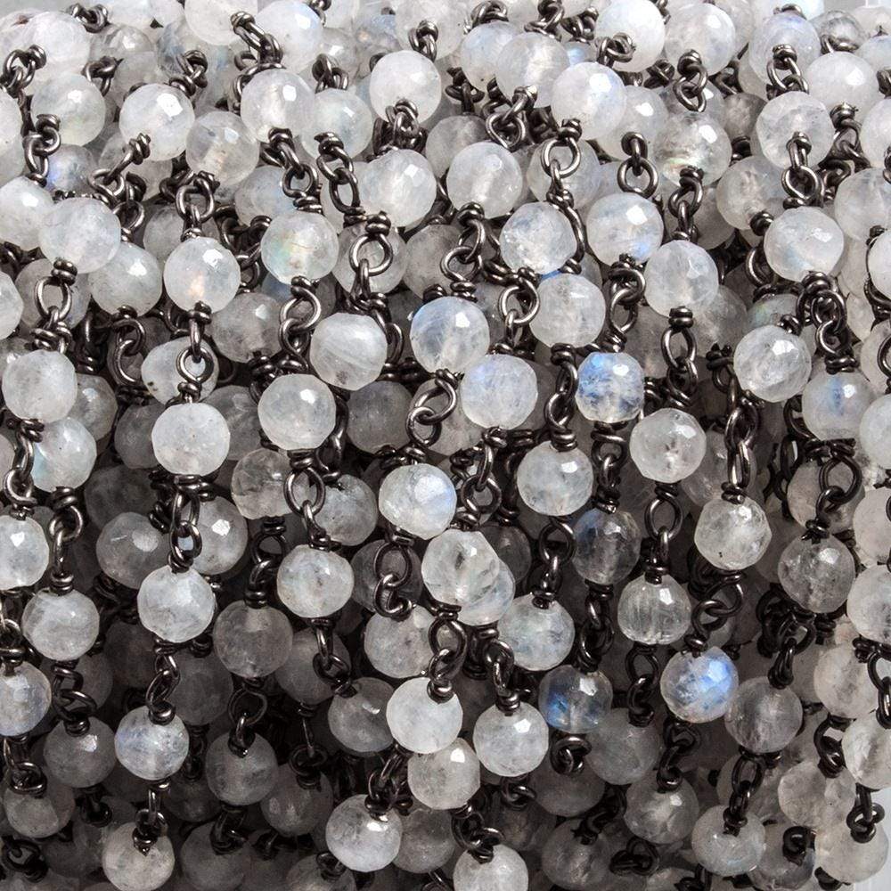 4mm Rainbow Moonstone faceted round Black Gold plated Silver Chain by the foot - Beadsofcambay.com
