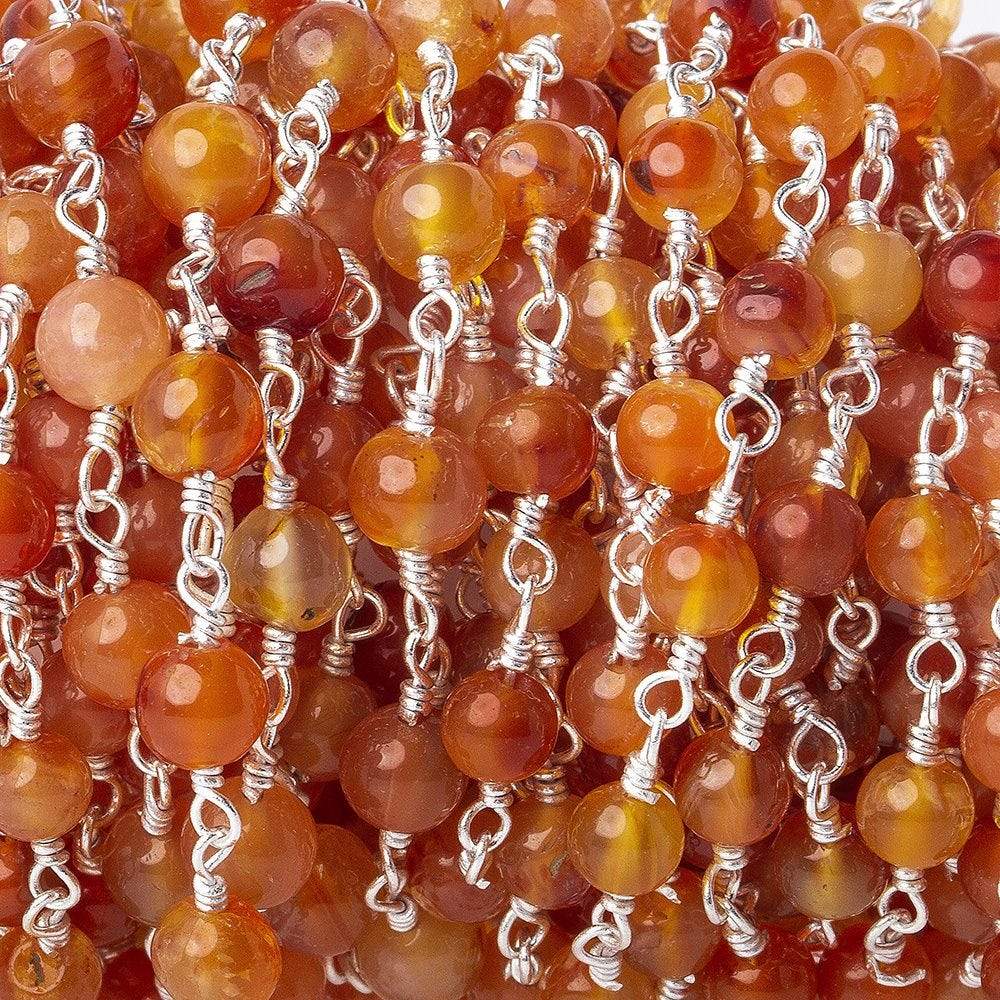 4mm Shaded Carnelian plain rounds Silver plated Wire Wrapped Chain - Beadsofcambay.com