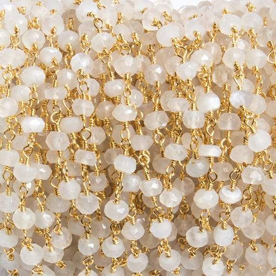 4mm White Moonstone faceted rondelle Gold Chain by the foot 34 pieces - Beadsofcambay.com