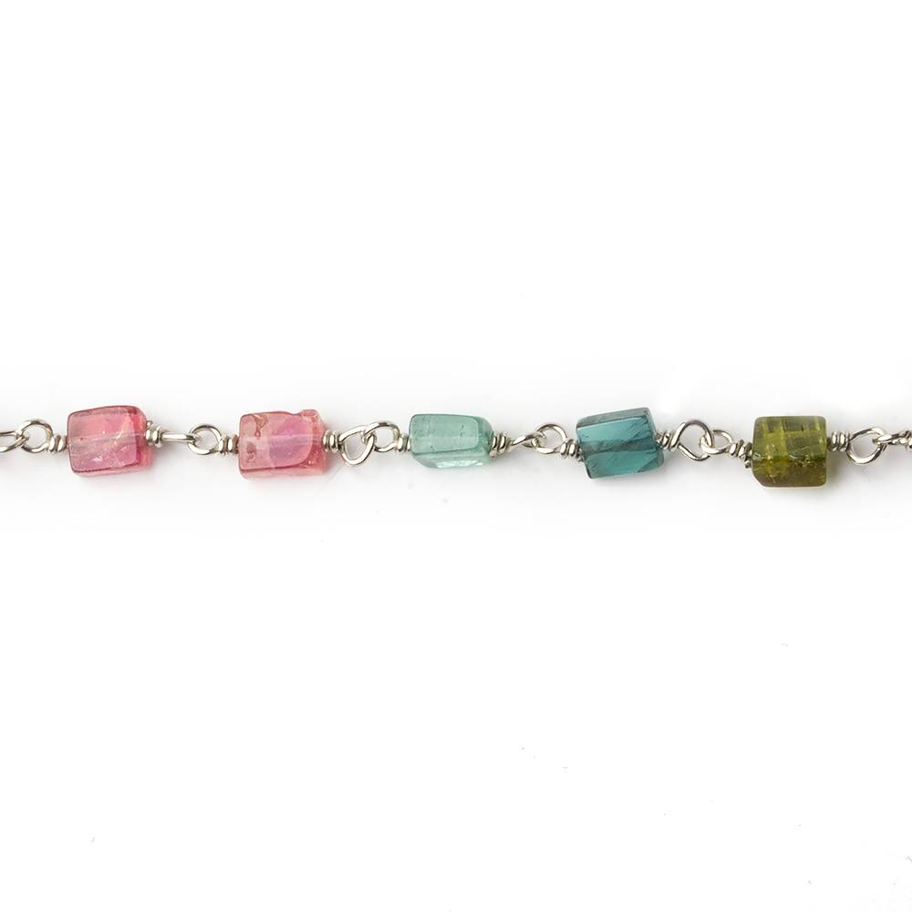 4x3-6x3mm Multi Color Tourmaline plain rectangle Silver .925 Chain by the foot 33 beads per - Beadsofcambay.com