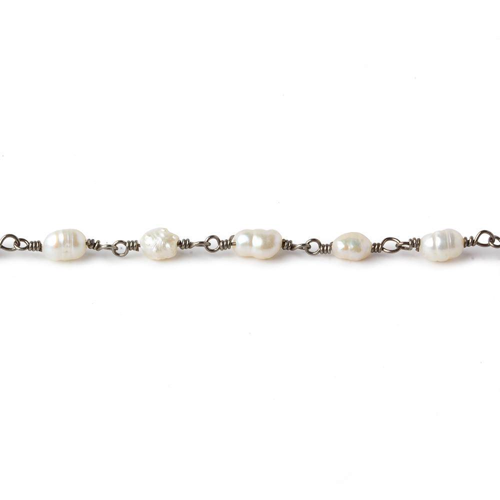4x5-3x4mm White Straight Drill Baroque Pearl Black Gold plated Chain by the foot 27 pcs - Beadsofcambay.com