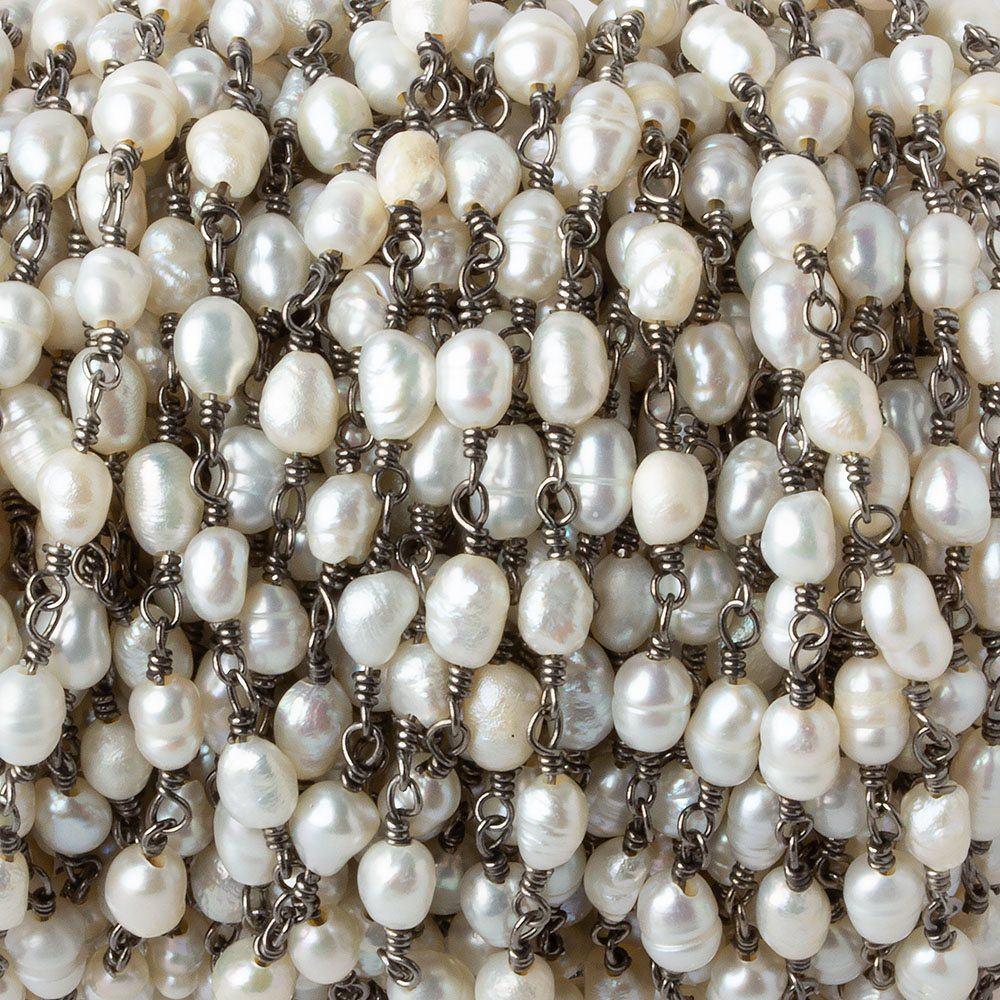 4x5-3x4mm White Straight Drill Baroque Pearl Black Gold plated Chain by the foot 27 pcs - Beadsofcambay.com