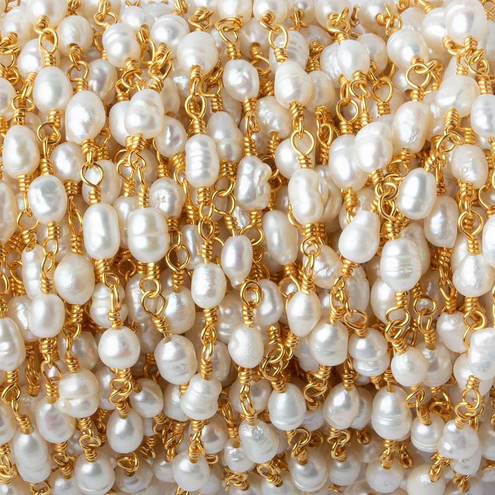 4x5-3x4mm White Straight Drill Baroque Pearl Gold plated Chain by the foot 27 pcs - Beadsofcambay.com
