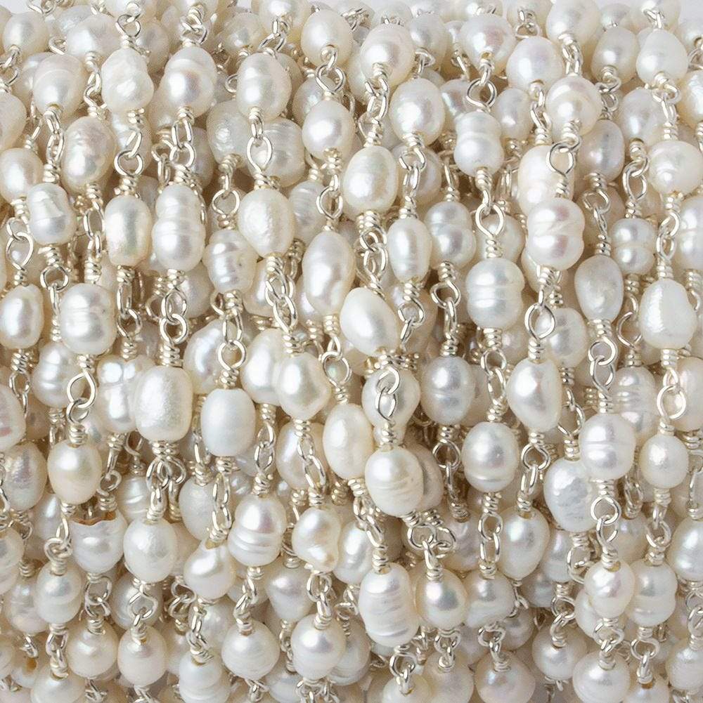 4x5-3x4mm White Straight Drill Baroque Pearl Silver plated Chain by the foot 27 pcs - Beadsofcambay.com