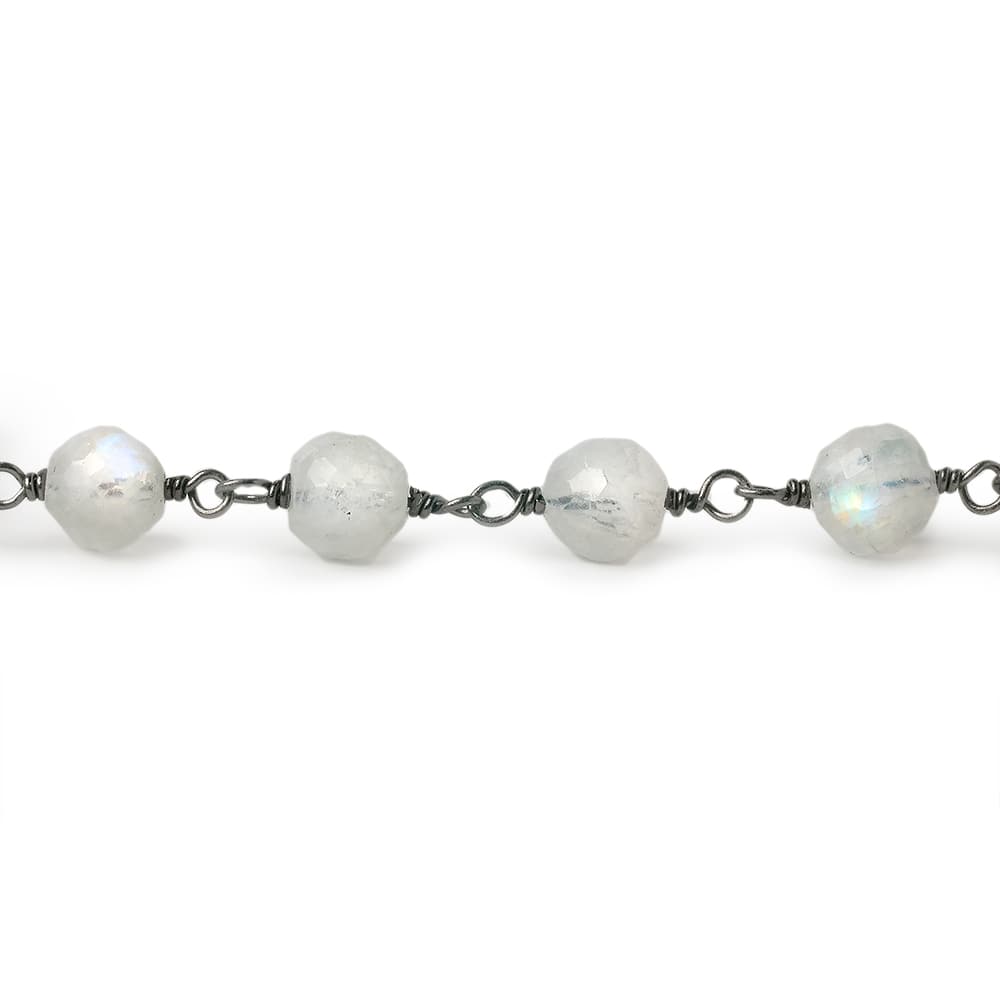 5-6mm Rainbow Moonstone faceted round Black Gold .925 Sterling Silver Chain by the foot 27 pieces - Beadsofcambay.com