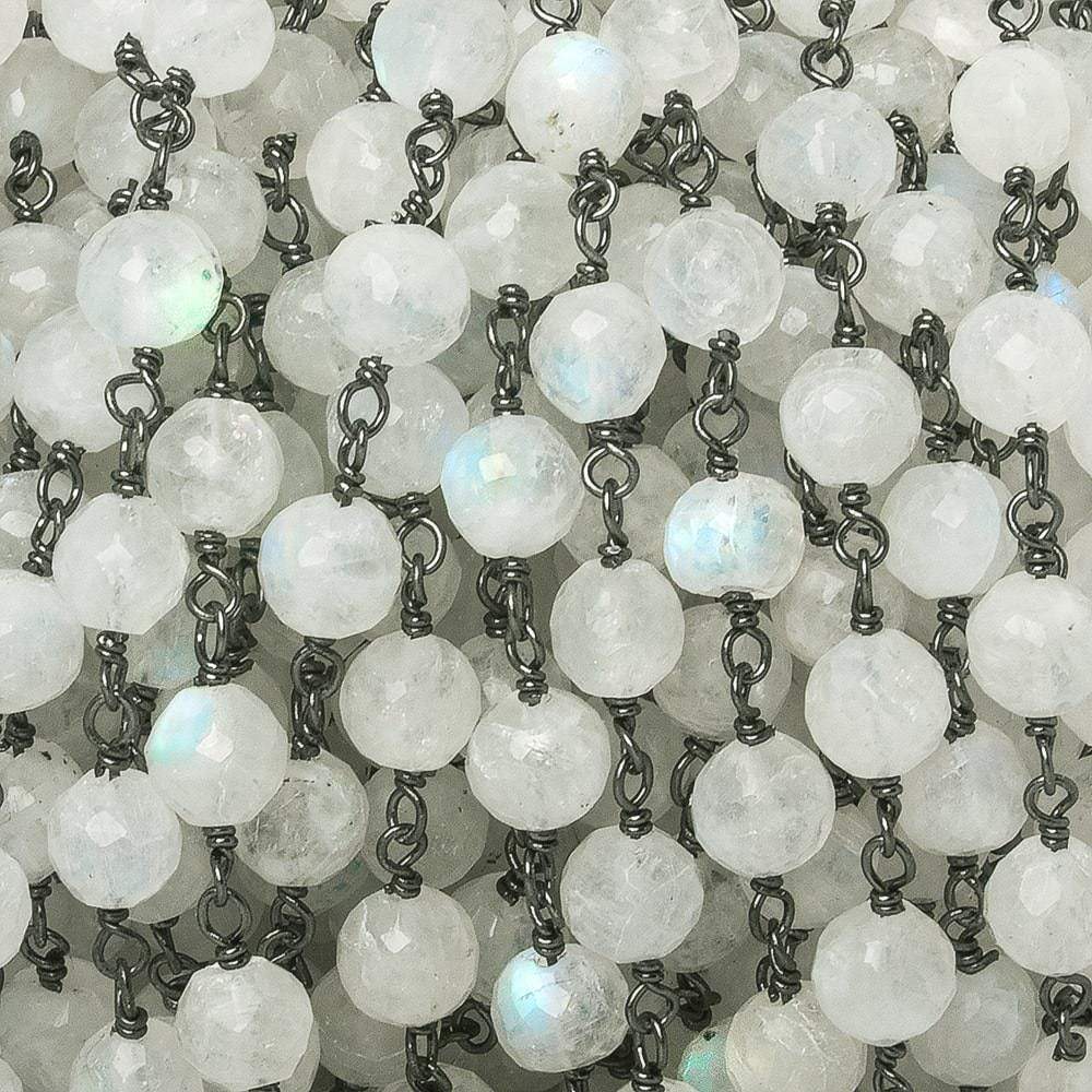 5-6mm Rainbow Moonstone faceted round Black Gold .925 Sterling Silver Chain by the foot 27 pieces - Beadsofcambay.com