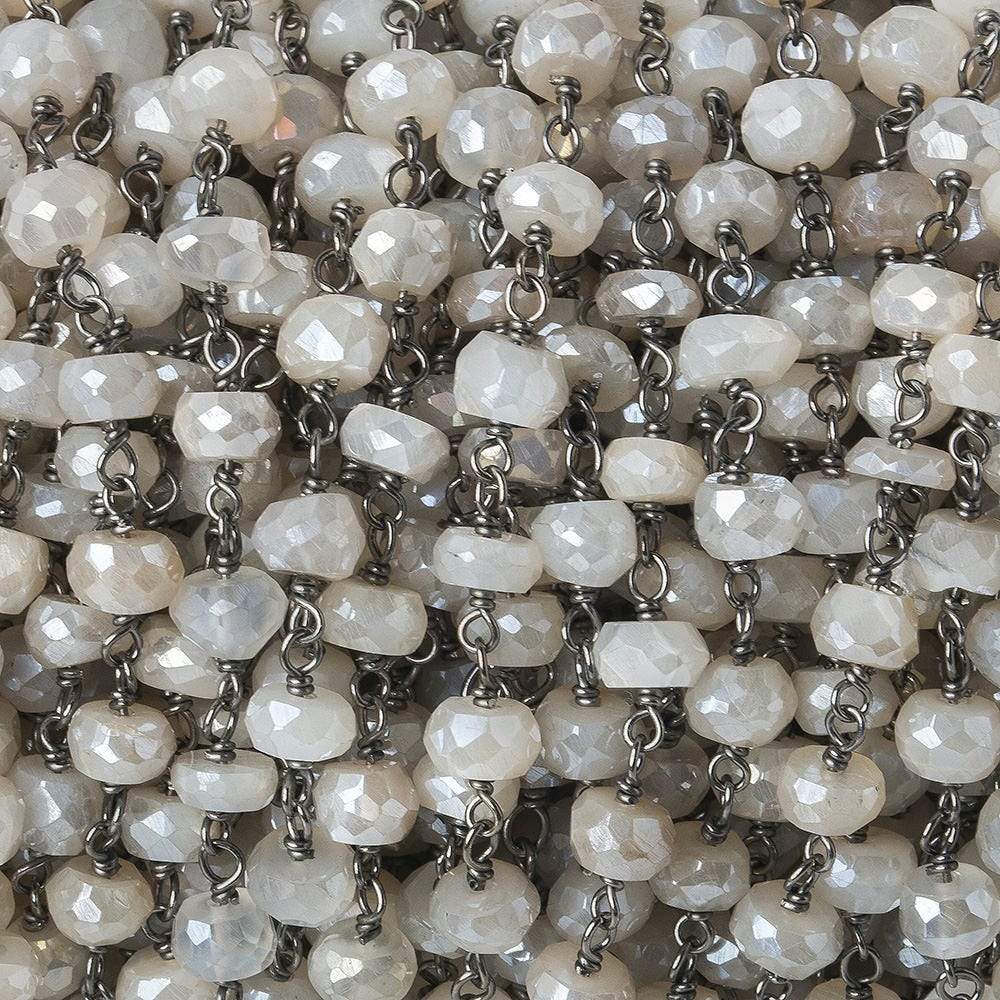 5-6mm Silver Mystic White Moonstone faceted rondelle Black Gold .925 Silver Chain by the foot 35 beads - Beadsofcambay.com