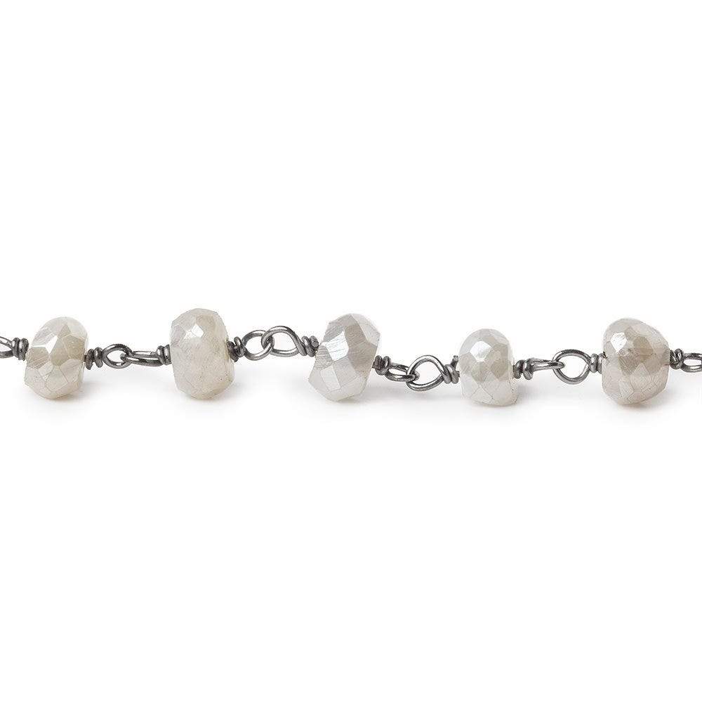 5-6mm Silver Mystic White Moonstone faceted rondelle Black Gold .925 Silver Chain by the foot 35 beads - Beadsofcambay.com