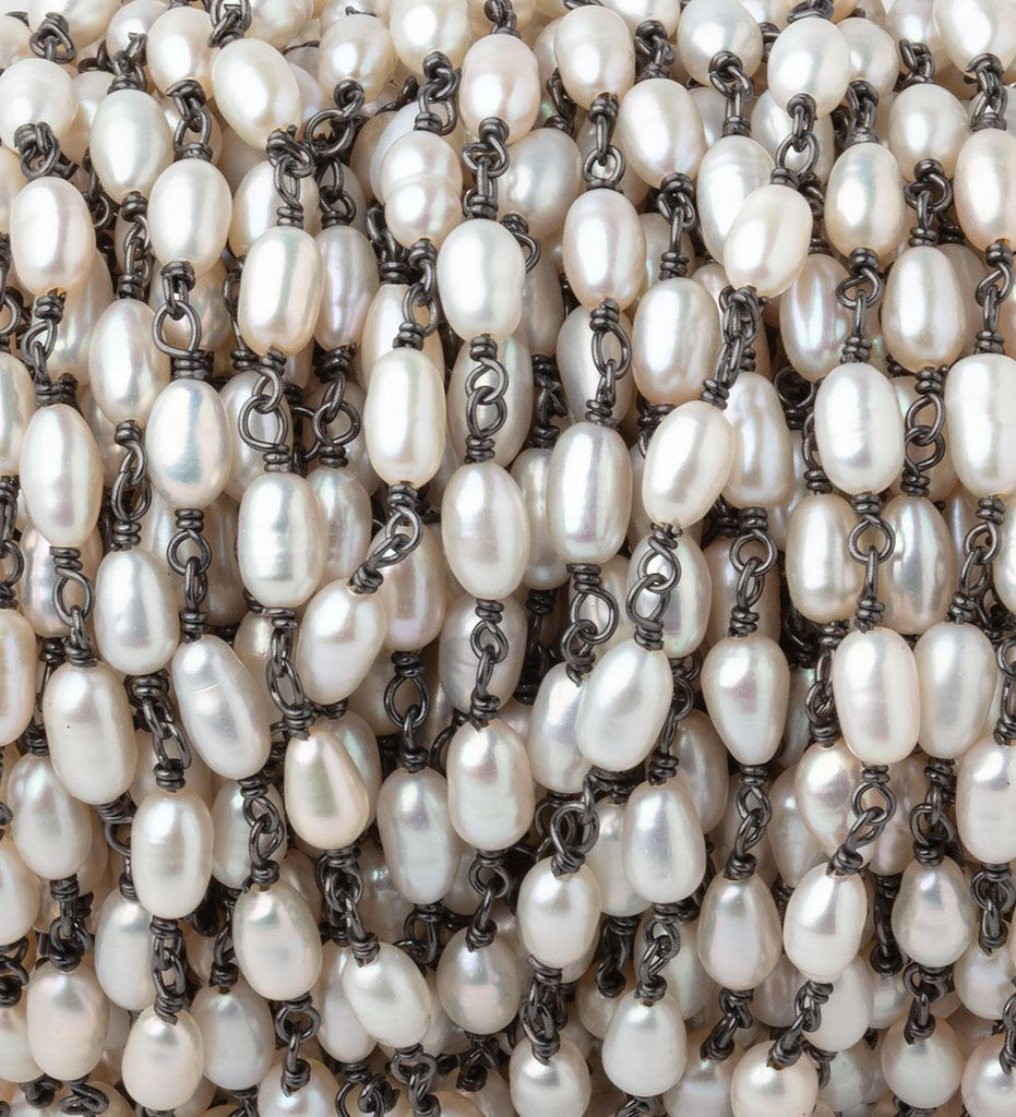 5-6mm White Oval Freshwater Pearls on Black Gold .925 Chain - Beadsofcambay.com