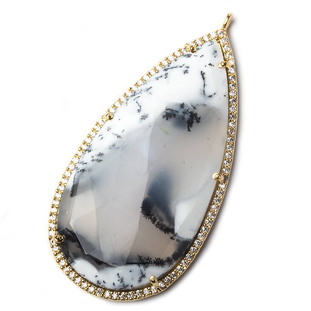 50x25mm Gold Bezel CZ and Dendritic Opal Pear Pendant 1 focal bead - Beadsofcambay.com