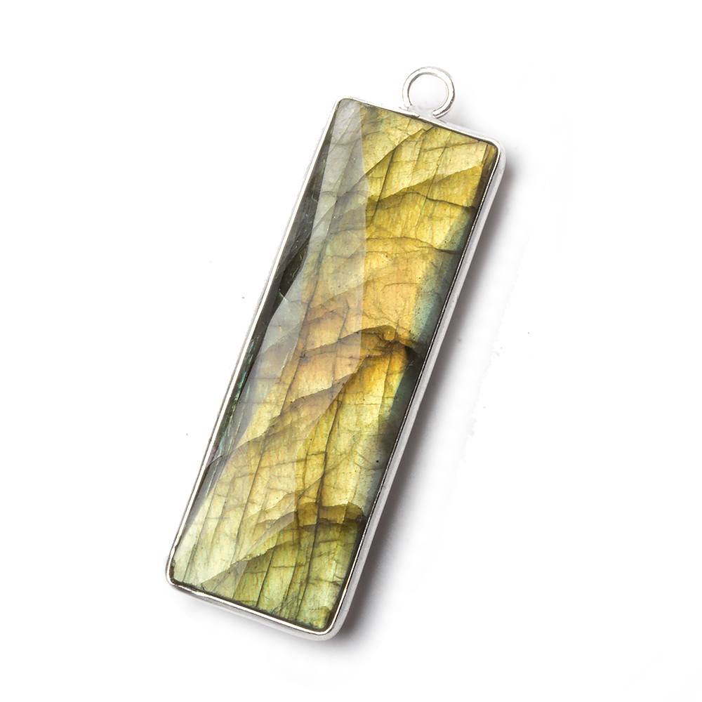 52.5x14.5mm .925 Silver Bezel Labradorite faceted rectangle bar pendant 1 piece - Beadsofcambay.com