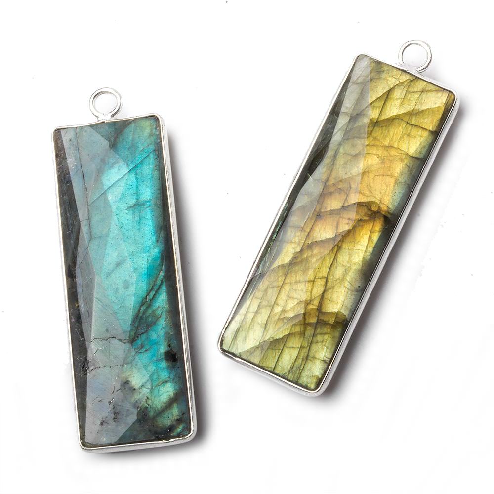 52.5x14.5mm .925 Silver Bezel Labradorite faceted rectangle bar pendant 1 piece - Beadsofcambay.com