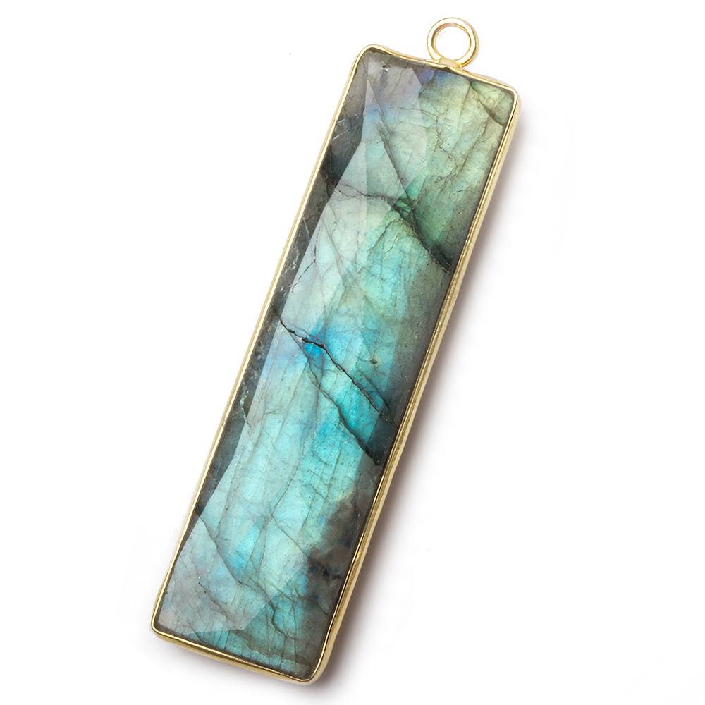52.5x14.5mm Vermeil Bezel Labradorite faceted rectangle bar pendant 1 piece - Beadsofcambay.com