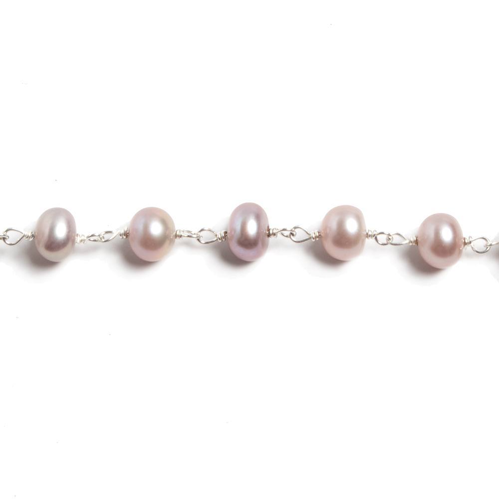 5.5mm Ice Pink Button Pearl Silver plated Chain by the foot 34 pieces - Beadsofcambay.com