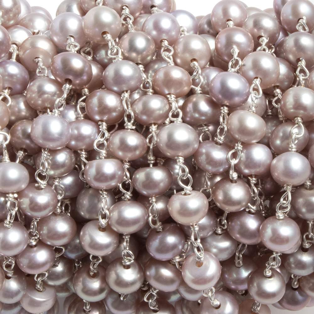 5.5mm Ice Pink Button Pearl Silver plated Chain by the foot 34 pieces - Beadsofcambay.com