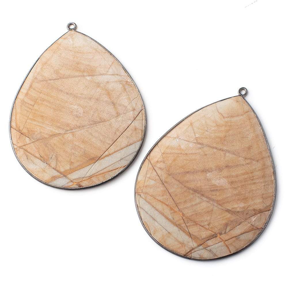 55x43mm Black Gold Bezeled Matte Picture Jasper Pear Set of 2 Pendants - Beadsofcambay.com