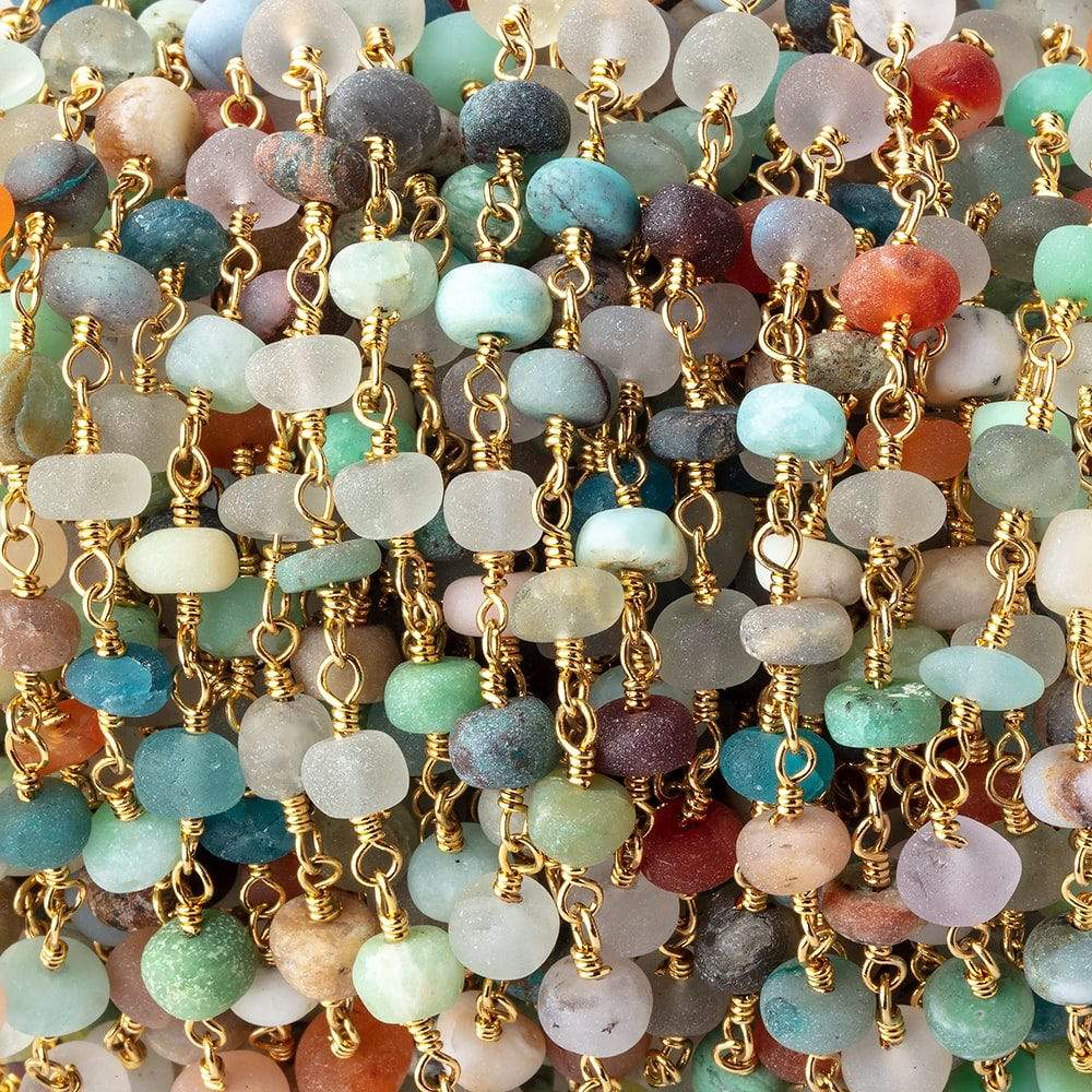 5mm Matte Multi Gem Plain Rondelles on Gold Plated Chain by the Foot 30pcs - Beadsofcambay.com