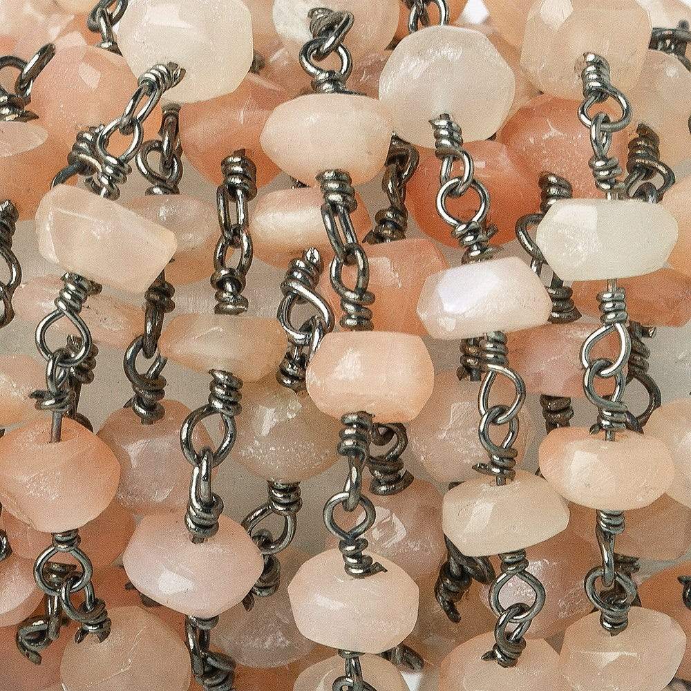 5mm Peach Moonstone faceted rondelle Black Gold plated Chain by the foot - Beadsofcambay.com