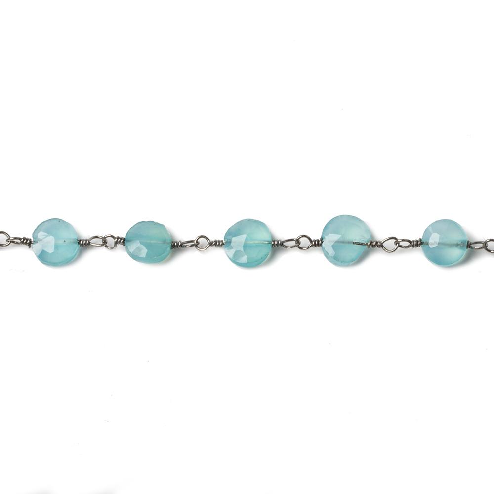 5mm Seafoam Blue Chalcedony faceted coin Black Gold Chain by the foot 27 beads - Beadsofcambay.com