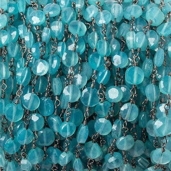 5mm Seafoam Blue Chalcedony faceted coin Black Gold Chain by the foot 27 beads - Beadsofcambay.com