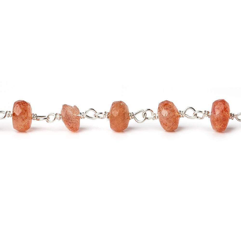 5mm Sunstone faceted rondelle Silver Chain by the foot - Beadsofcambay.com