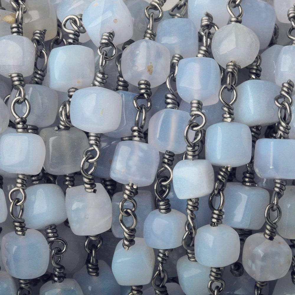 5mm Turkish Blue Chalcedony plain cube Black Gold plated Chain by the foot - Beadsofcambay.com