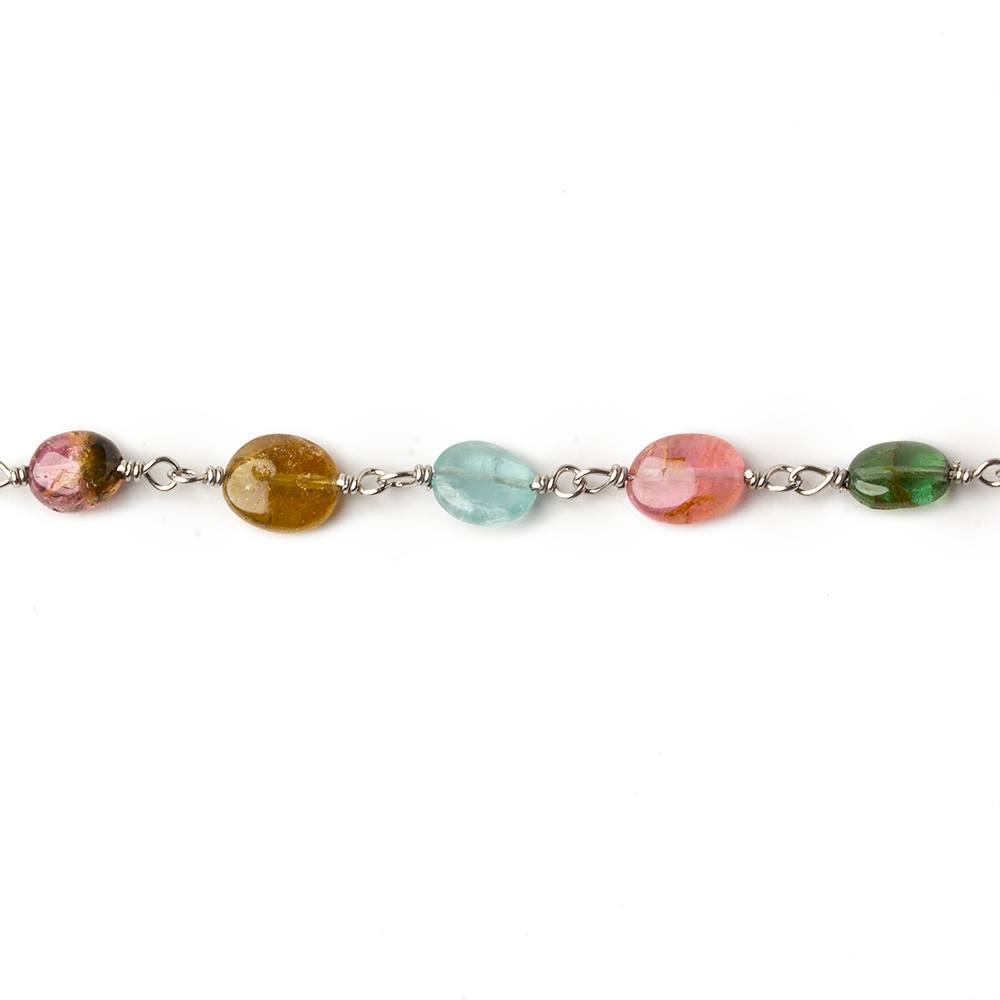 5x4-7x5mm Multi Color Tourmaline plain oval Silver .925 Chain by the foot 27 beads per - Beadsofcambay.com