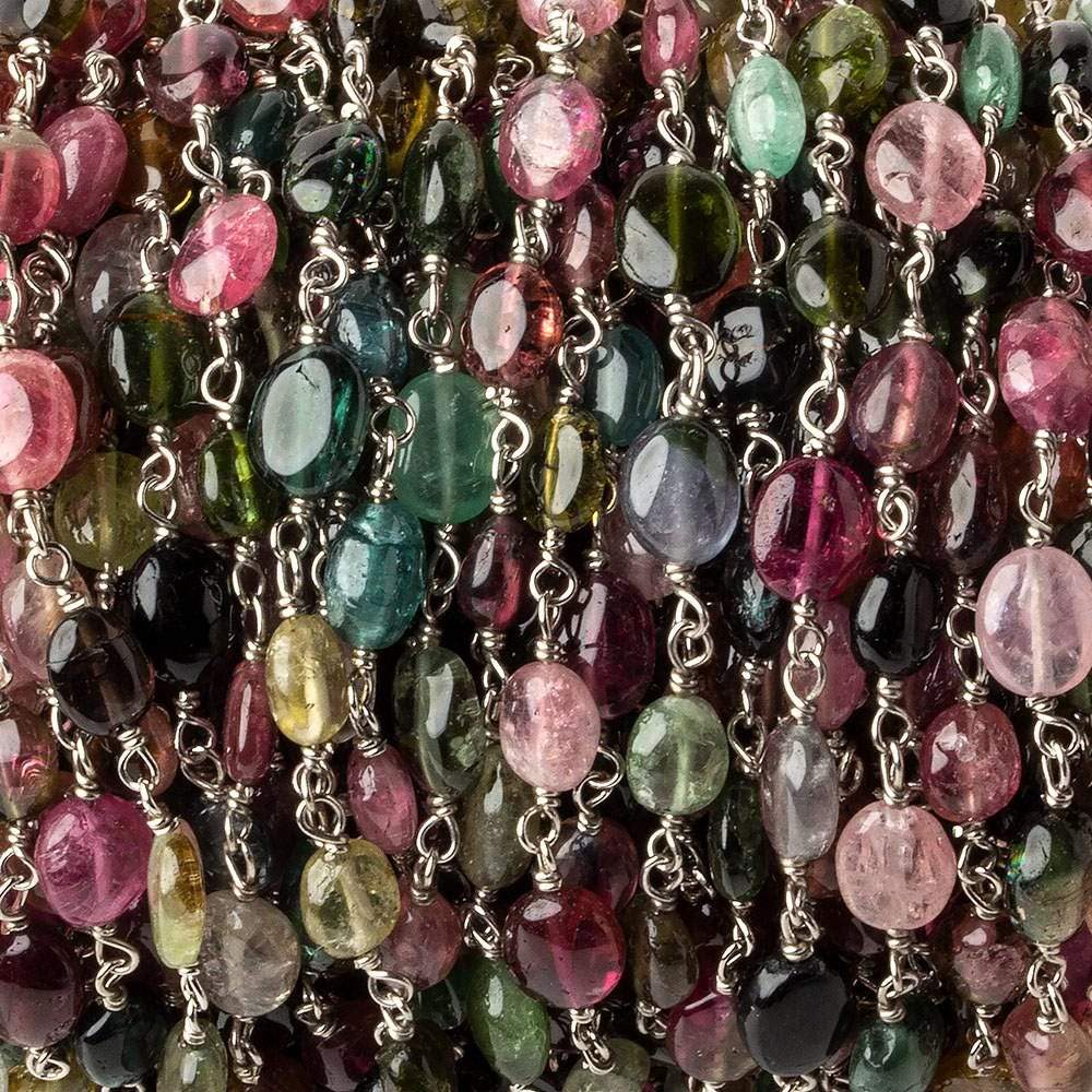 5x4-7x5mm Multi Color Tourmaline plain oval Silver .925 Chain by the foot 27 beads per - Beadsofcambay.com