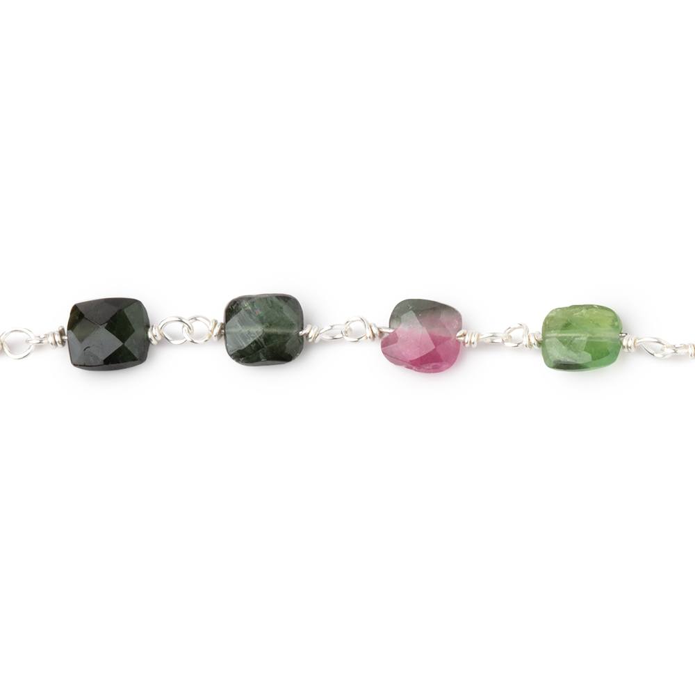 5x4.5mm Multi Color Tourmaline Faceted Rectangles on Sterling Silver Chain - Beadsofcambay.com