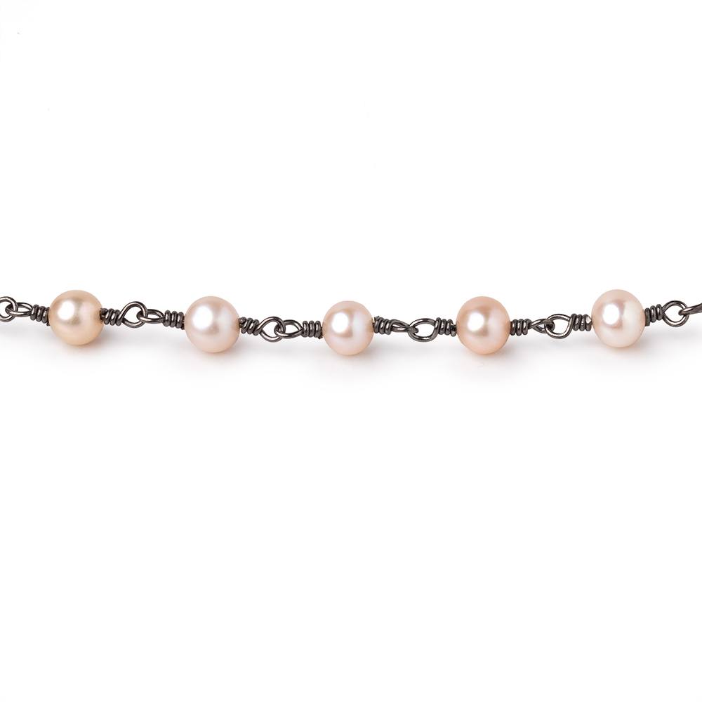 5x4.5mm Peachy Pink Off Round Pearls on Black Gold over .925 Silver Chain - Beadsofcambay.com
