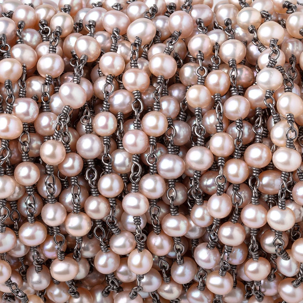 5x4.5mm Peachy Pink Off Round Pearls on Black Gold over .925 Silver Chain - Beadsofcambay.com