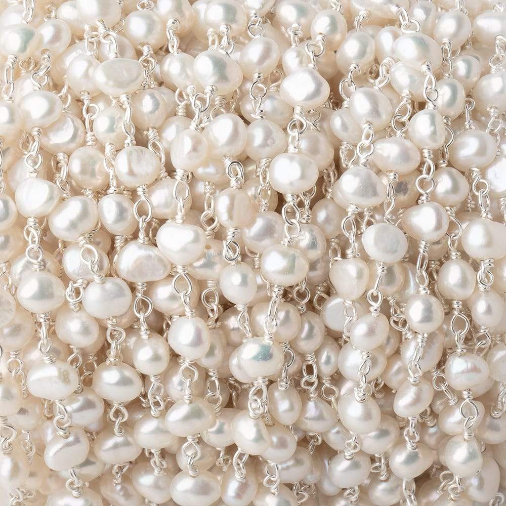 5x4mm Off White Baroque Pearl .925 Silver Chain by the foot 33 pieces - Beadsofcambay.com