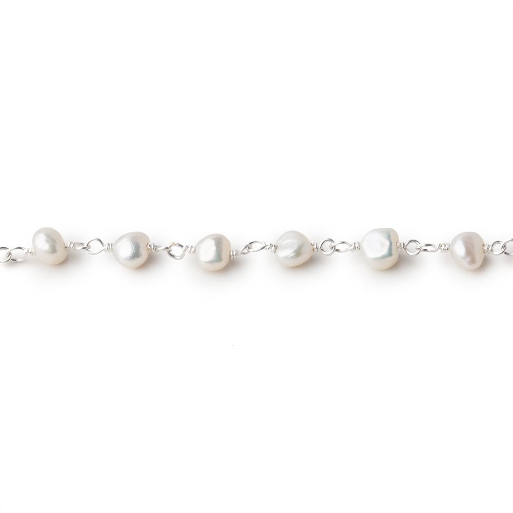 5x4mm Off White Baroque Pearl .925 Silver Chain by the foot 33 pieces - Beadsofcambay.com