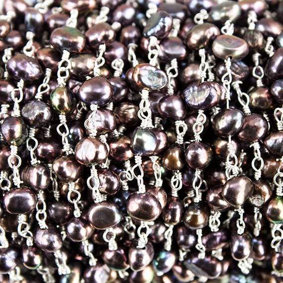 5x4mm Peacock Baroque Freshwater Pearl on Silver plated Chain by the foot - Beadsofcambay.com
