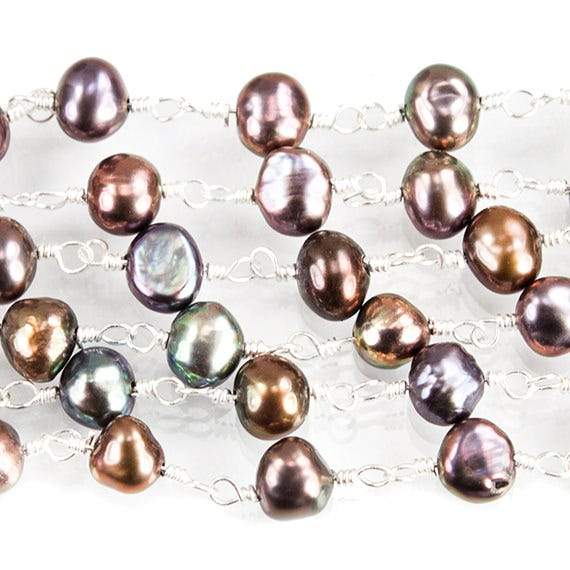 5x4mm Peacock Baroque Freshwater Pearl on Silver plated Chain by the foot - Beadsofcambay.com