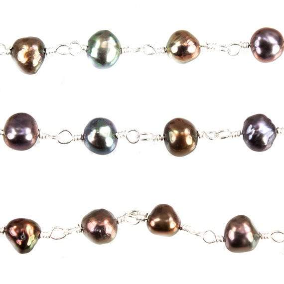 5x4mm Peacock Baroque Freshwater Pearl on Silver plated Chain by the foot - Beadsofcambay.com
