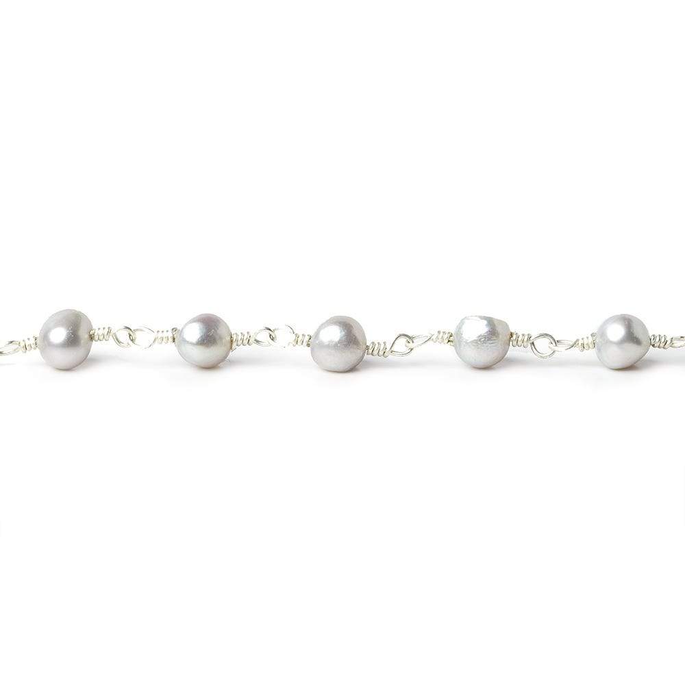 5x4mm Silver Baroque Freshwater Pearl on Silver plated Chain by the foot - Beadsofcambay.com