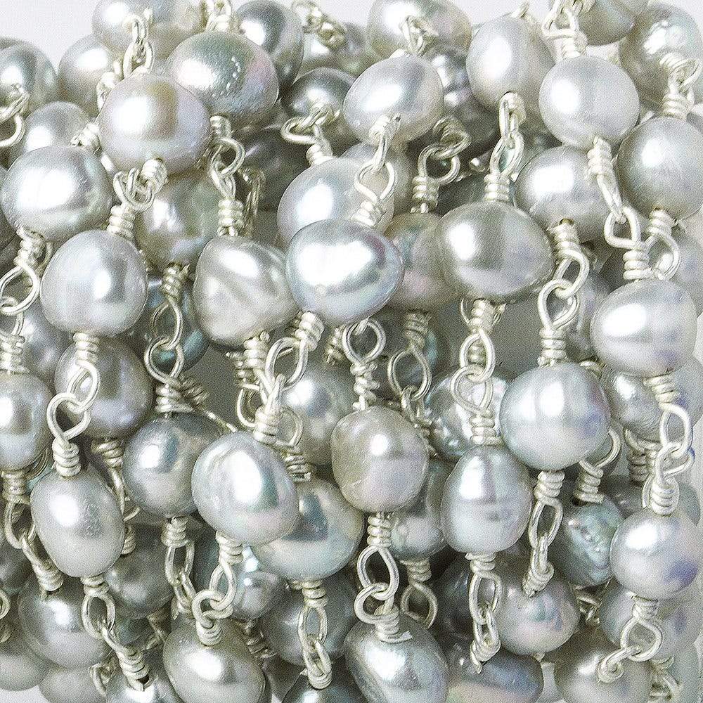 5x4mm Silver Baroque Freshwater Pearl on Silver plated Chain by the foot - Beadsofcambay.com