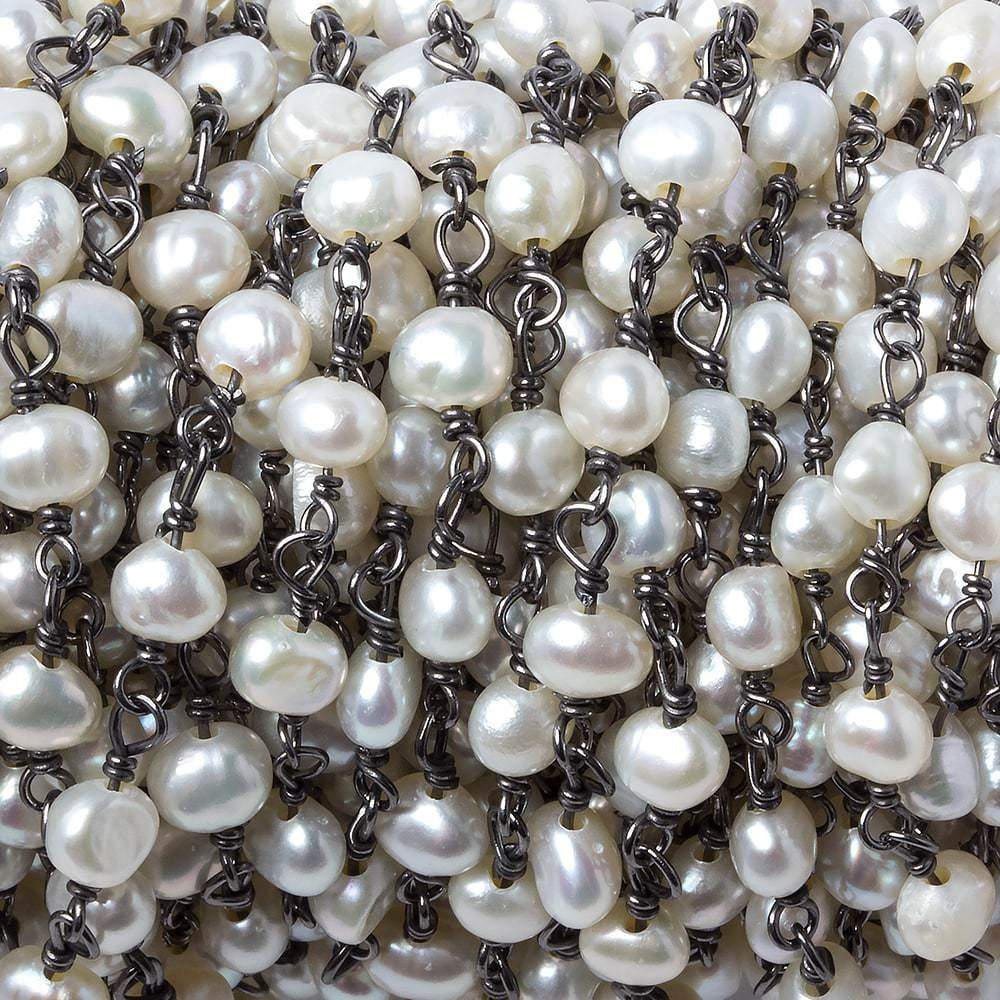 5x4mm White Baroque Pearl Black Gold over .925 Silver Chain by the foot 33 pearls - Beadsofcambay.com