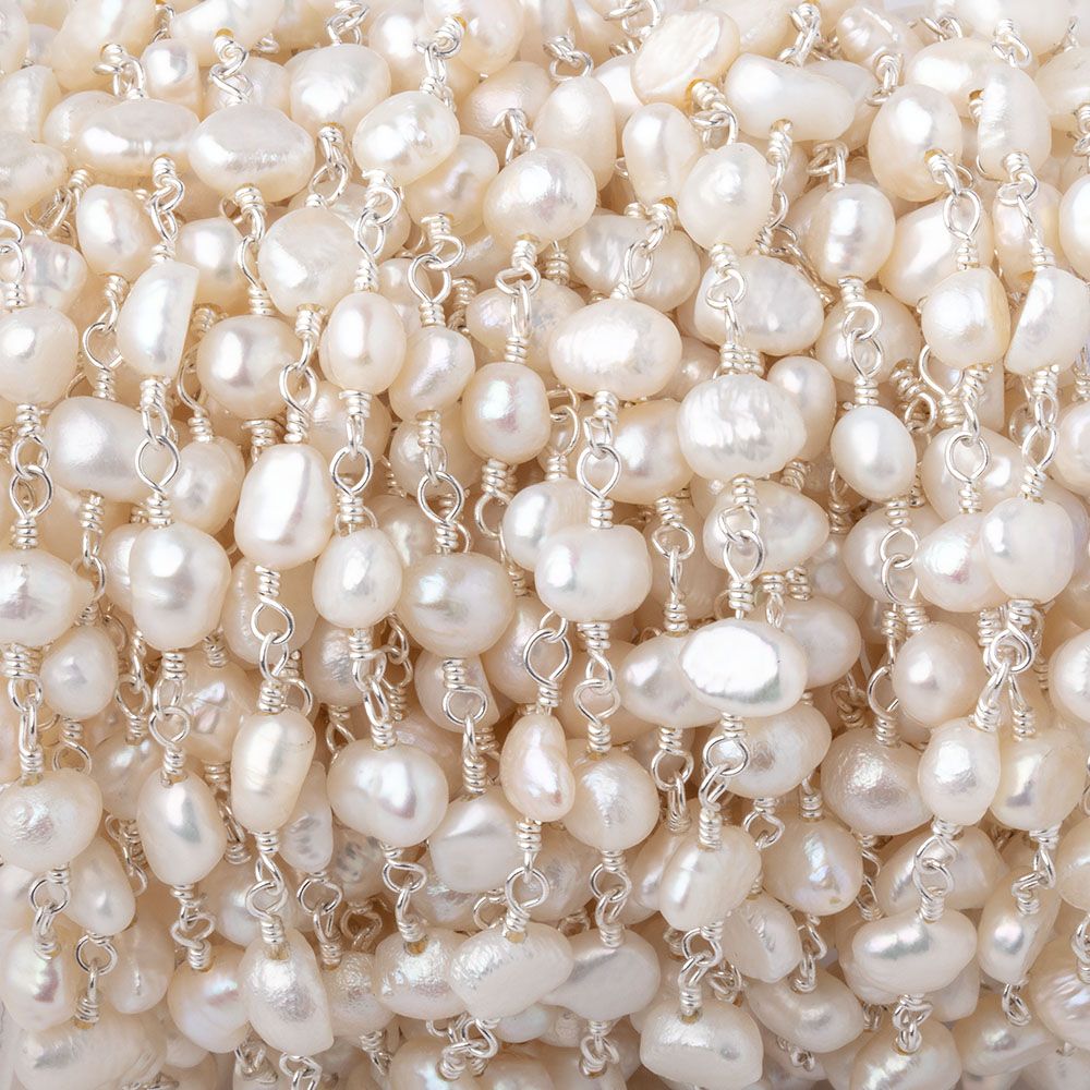 5x5-5x6mm White Baroque Pearls on Silver Plated Chain - Beadsofcambay.com