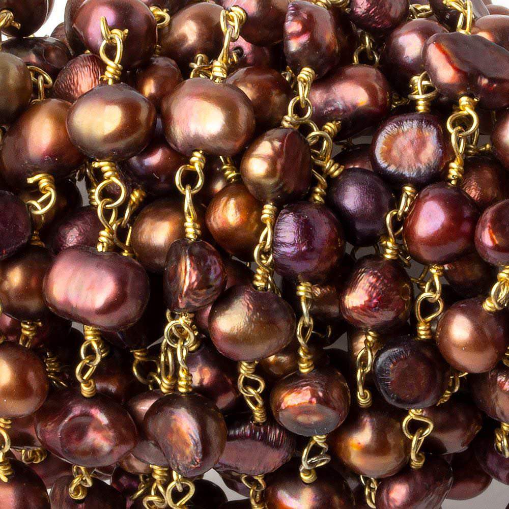 5x5-7x5mm Purplish Brown Side Drill Baroque Pearl Gold plated Chain by the foot 28 pcs - Beadsofcambay.com
