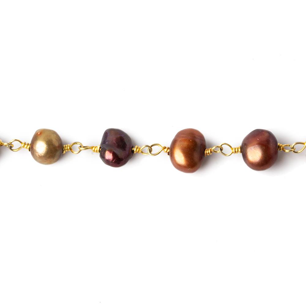 5x5-7x5mm Purplish Brown Side Drill Baroque Pearl Gold plated Chain by the foot 28 pcs - Beadsofcambay.com