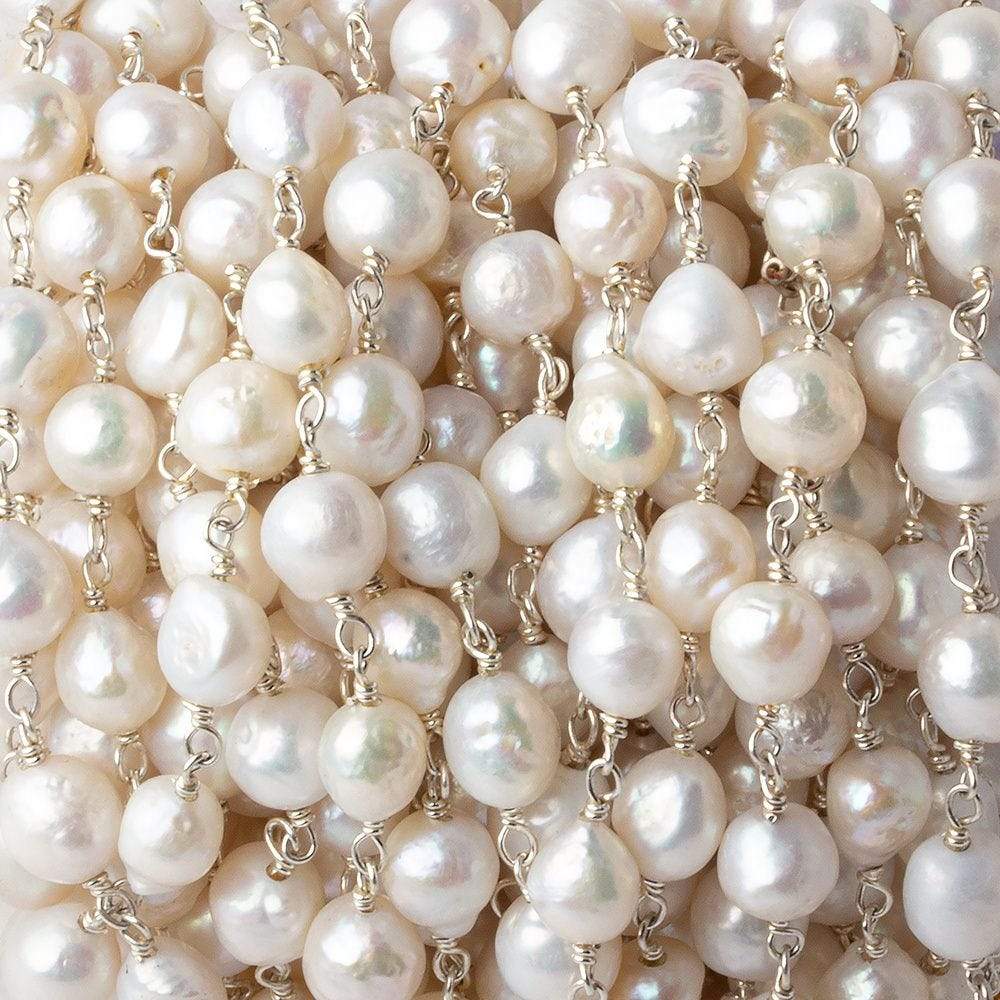5x7-6x7mm White Petite Ultra Baroque Pearl .925 Silver Chain by the foot 24 pcs - Beadsofcambay.com