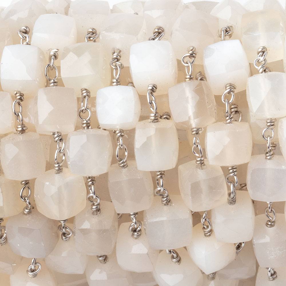 6-6.5mm Cream Moonstone Faceted Cubes on .925 Sterling Silver Chain - Beadsofcambay.com