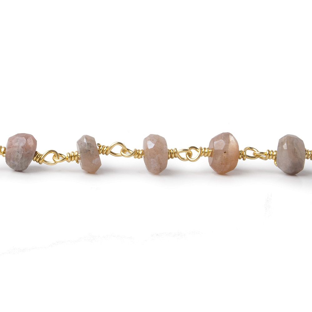 6-6.5mm Mystic Angel Skin Peach Moonstone faceted rondelle Gold Chain by the foot 25 pcs - Beadsofcambay.com