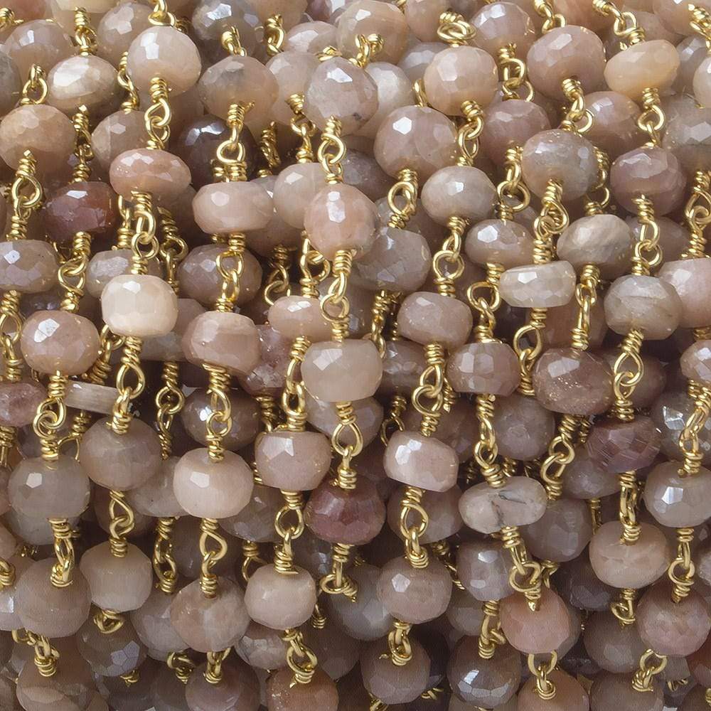 6-6.5mm Mystic Angel Skin Peach Moonstone faceted rondelle Gold Chain by the foot 25 pcs - Beadsofcambay.com