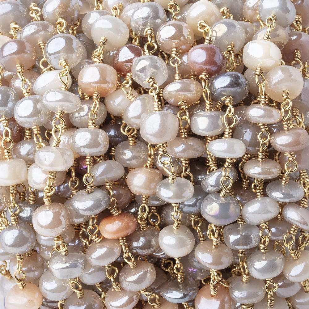 6-6.5mm Mystic Multi Moonstone Plain Rondelles on Gold Plated Chain by the Foot - Beadsofcambay.com