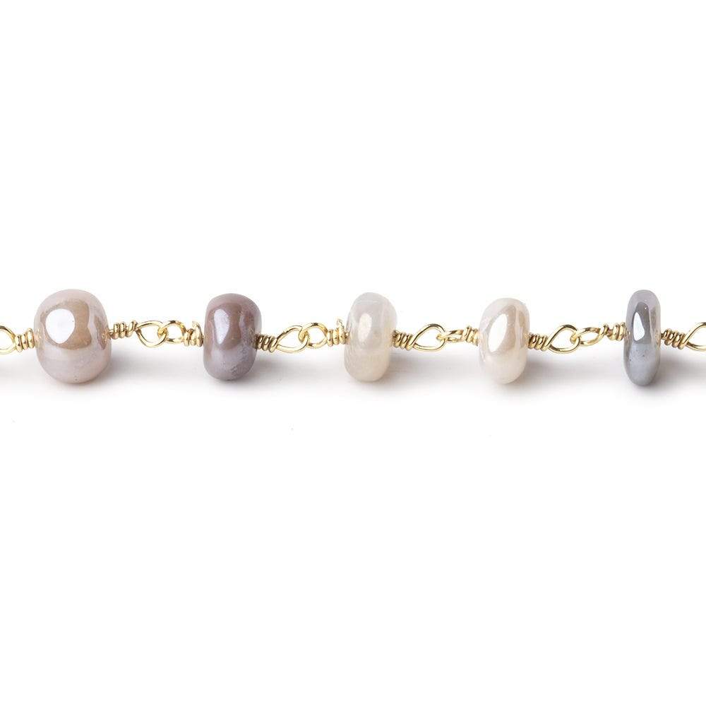 6-6.5mm Mystic Multi Moonstone Plain Rondelles on Gold Plated Chain by the Foot - Beadsofcambay.com