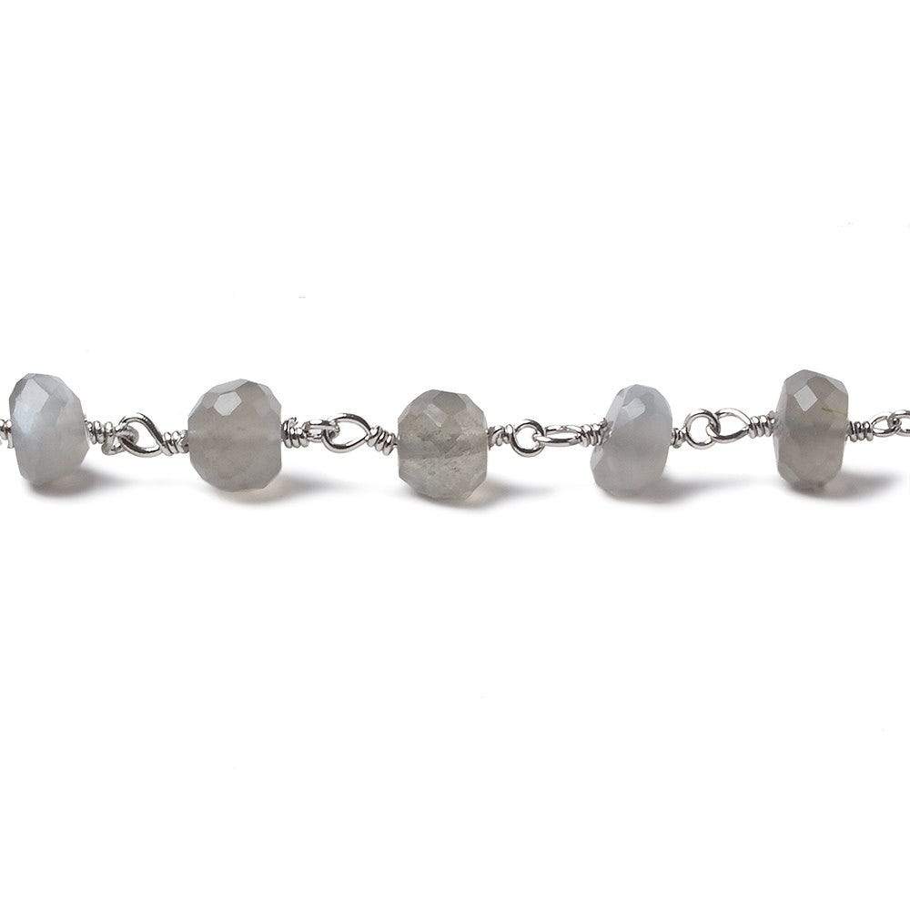 6-6.5mm Platinum Grey Moonstone rondelle Silver Chain by the foot 30 pieces - Beadsofcambay.com